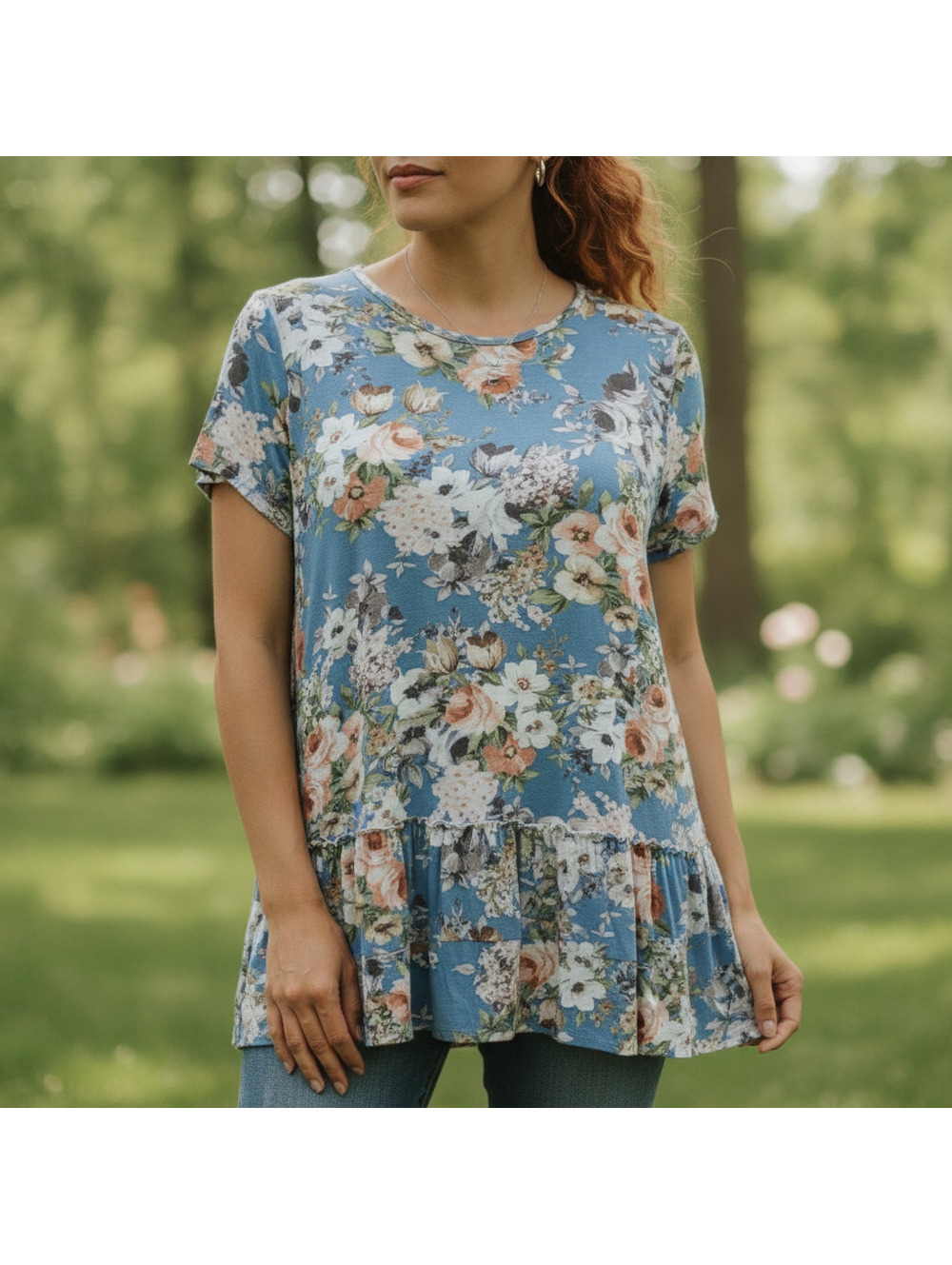 Bohemian Floral Women's Blouse, Soft Stretchy Fabric, Flowy Bottom, Size Large